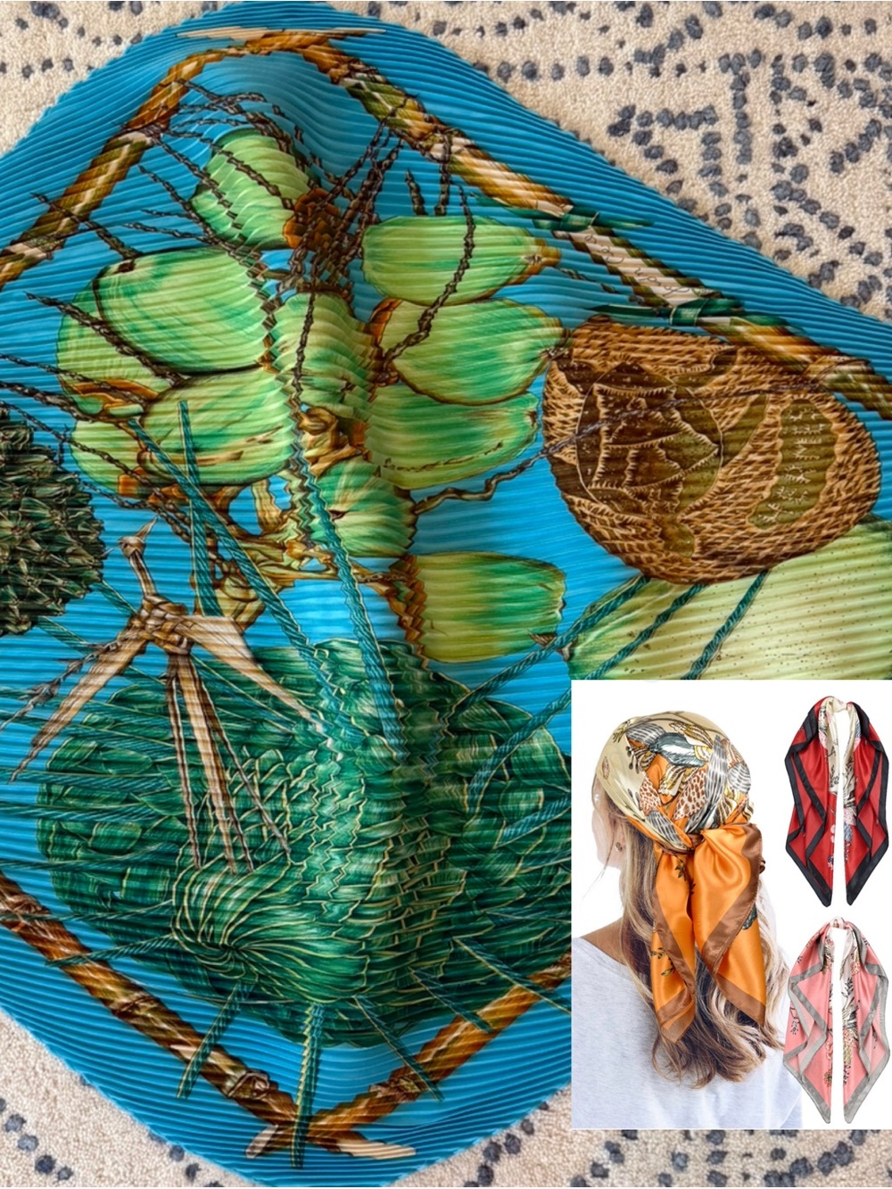 authentic vintage Hermès Plissé (pleated) 90cm silk scarf featuring the iconic "